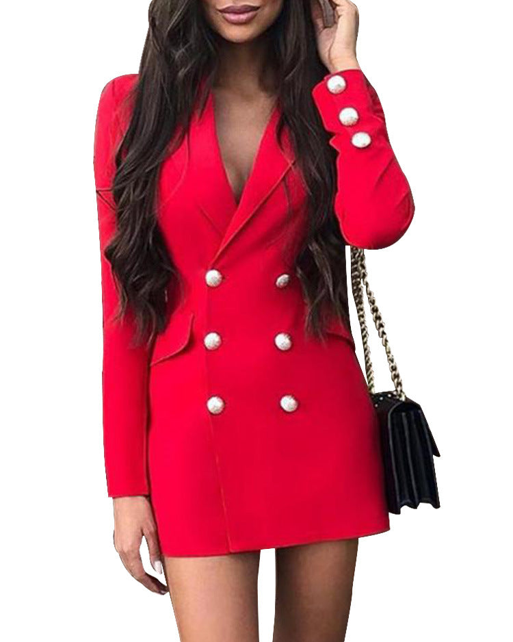 Red Long Sleeve Suit Collar Dress Overalls