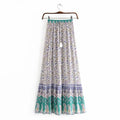 Elegant Retro Flower Print Lace-Up Long Skirt