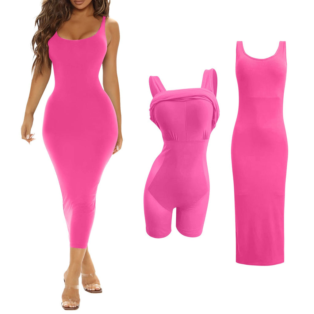 Women's Solid Color Body Shaping Dress with Built-in Bra