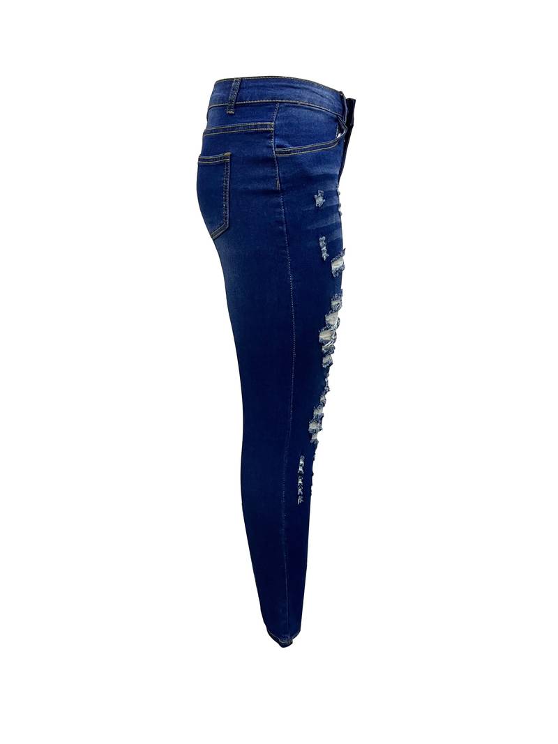 Navy Blue Distressed Skinny Leg Jeans for Women