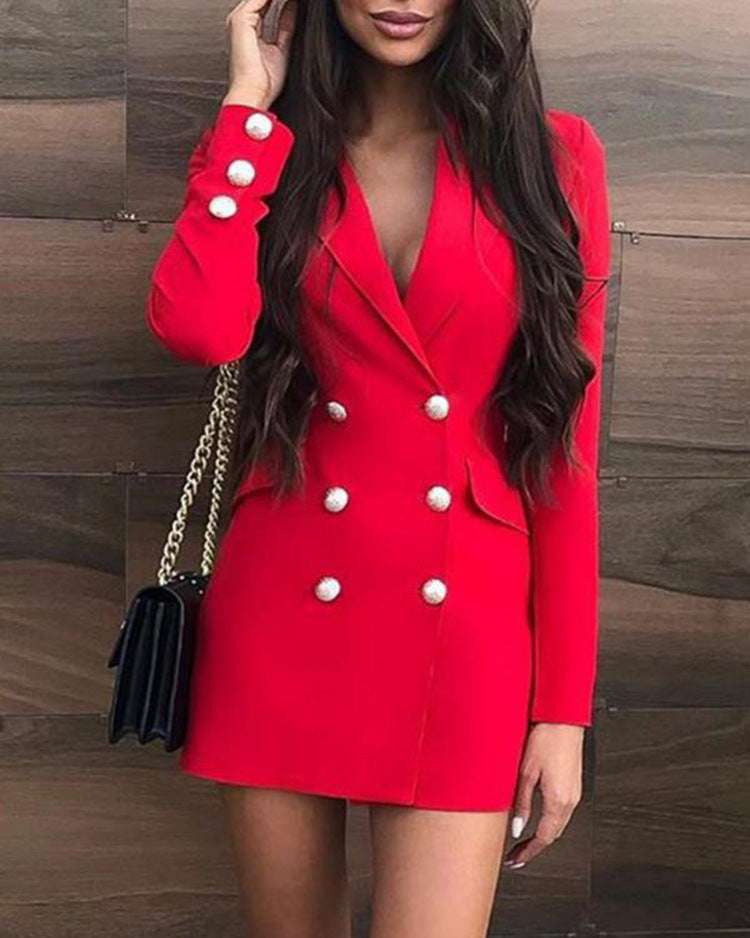 Red Long Sleeve Suit Collar Dress Overalls