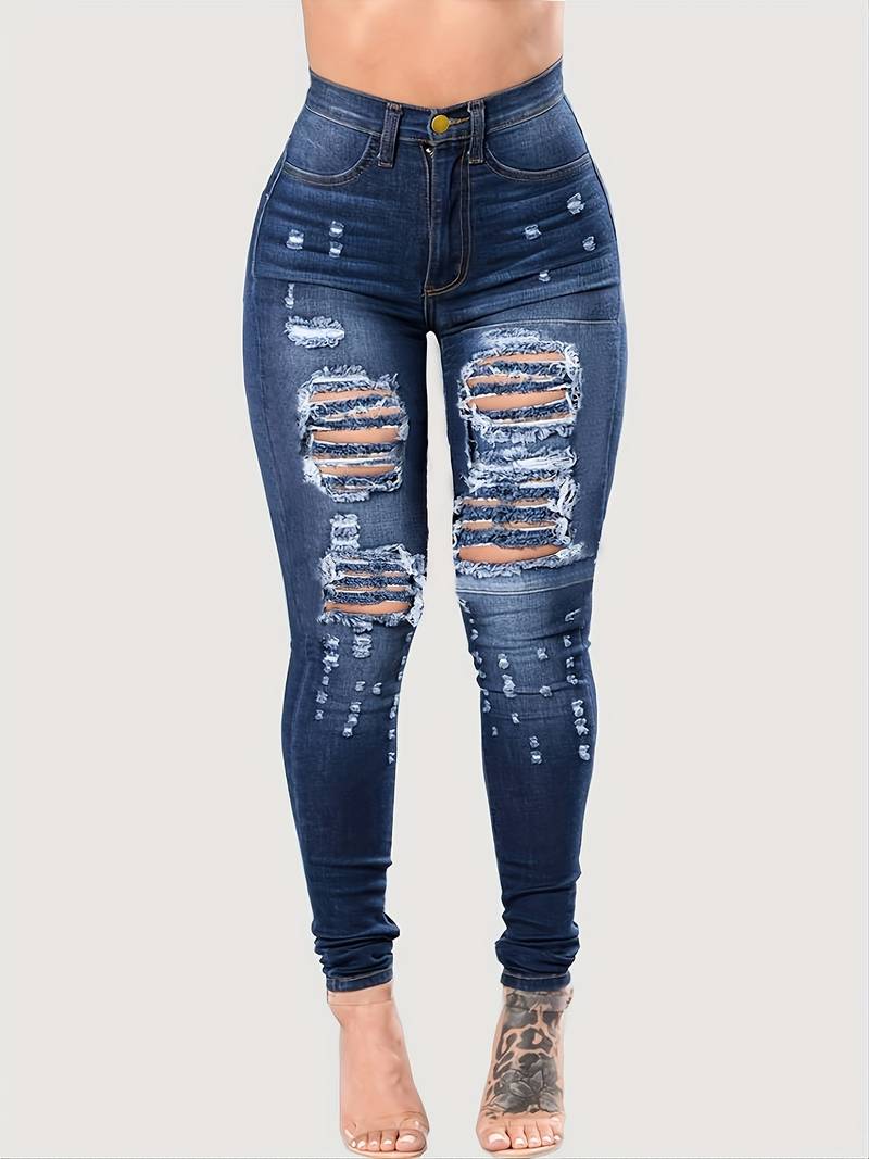 Navy Blue Distressed Skinny Leg Jeans for Women